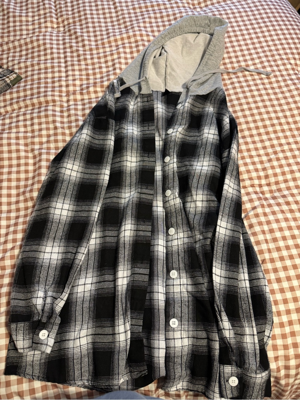 SHEIN Black and White Plaid Hooded Button-Up Shirt